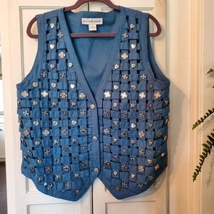 Ellen Richman Blue Embellished Silver Toned Cross Hearts Womens Woven Vest XL
